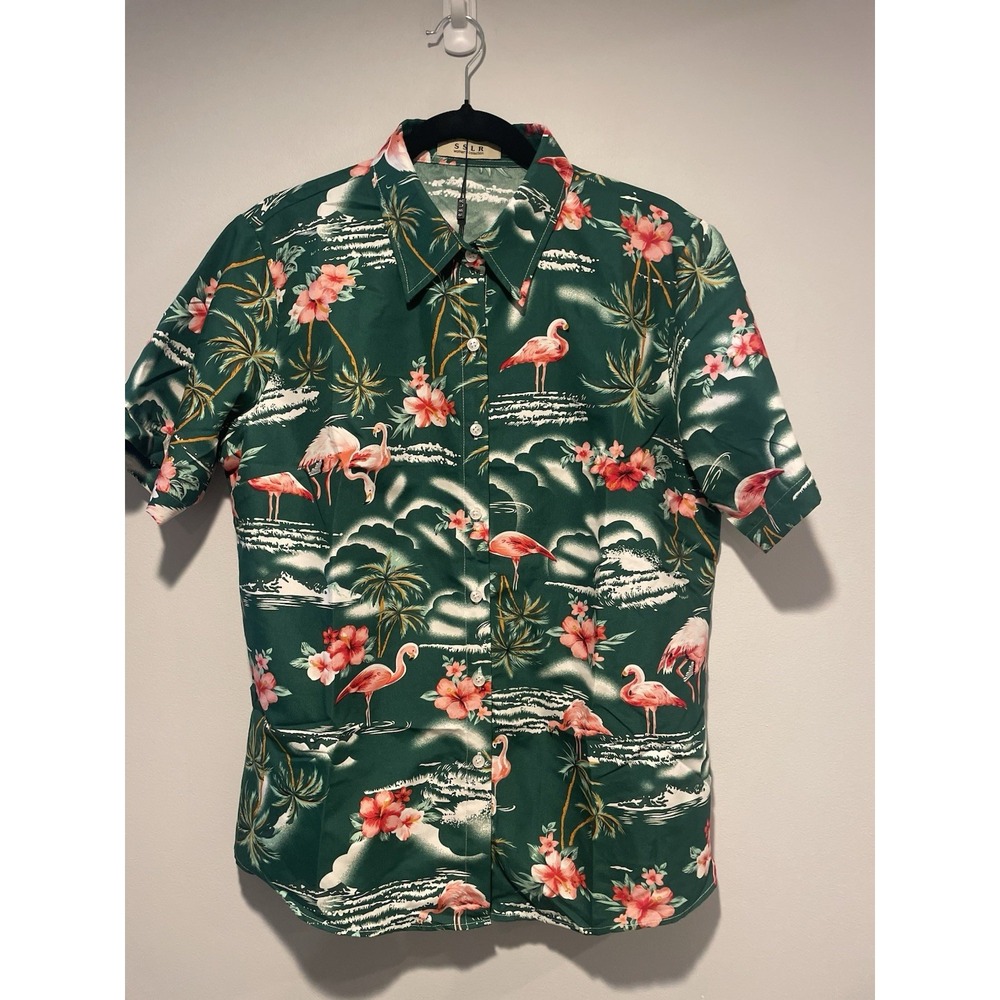 SSLR Collection Womens  Size Large Button Up Hawaiian Shirt Tropical Flamingos